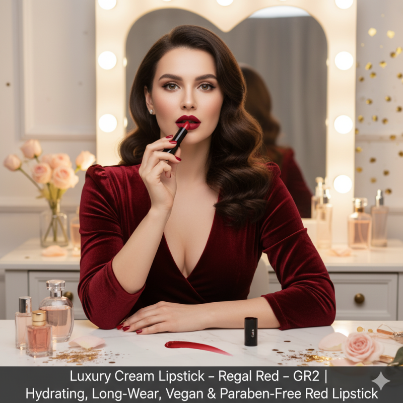 Luxury Cream Lipstick – Regal Red – GR2 | Hydrating, Long-Wear, Vegan & Paraben-Free Red Lipstick